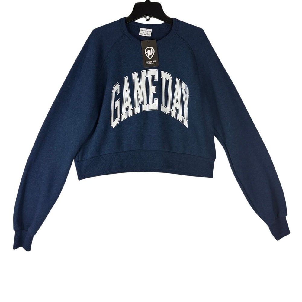 Where I'm From Game Day Navy Blue Cropped Sweatshirt Medium WLSC-PSGMDAYNV NWT